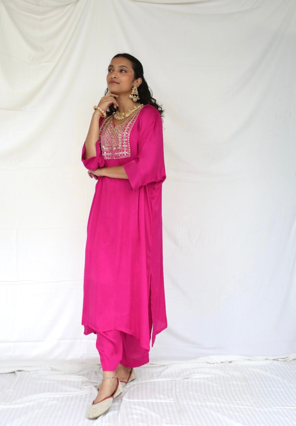 Rani pink kaftan set with a hand embroidered yoke