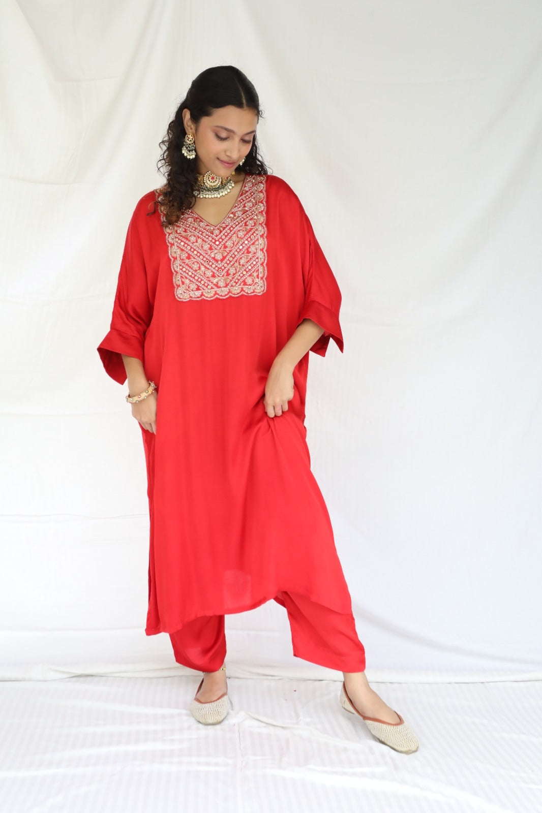 Red kaftan and pyjama set with an intricately hand embroidered yoke