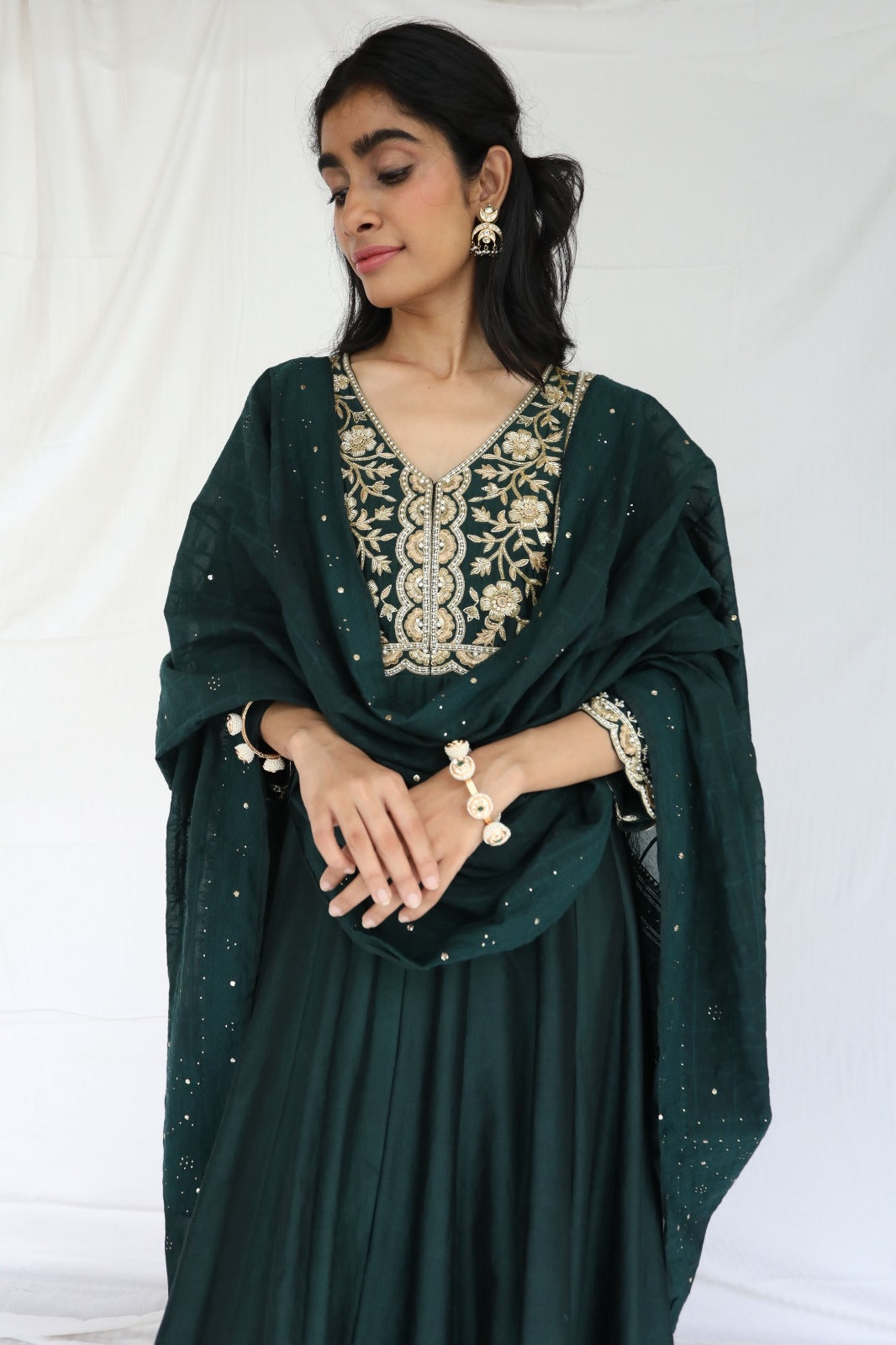 Bottle green hand embroidered chanderi anarkali with a mukaish dupatta