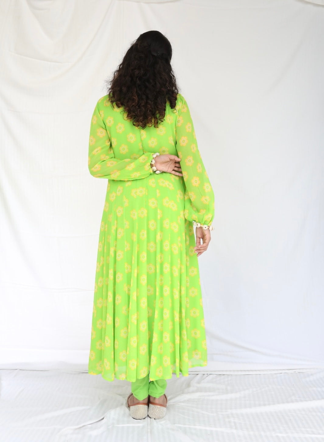 Lime green anarkali set with a hand embroidered yoke and dupatta