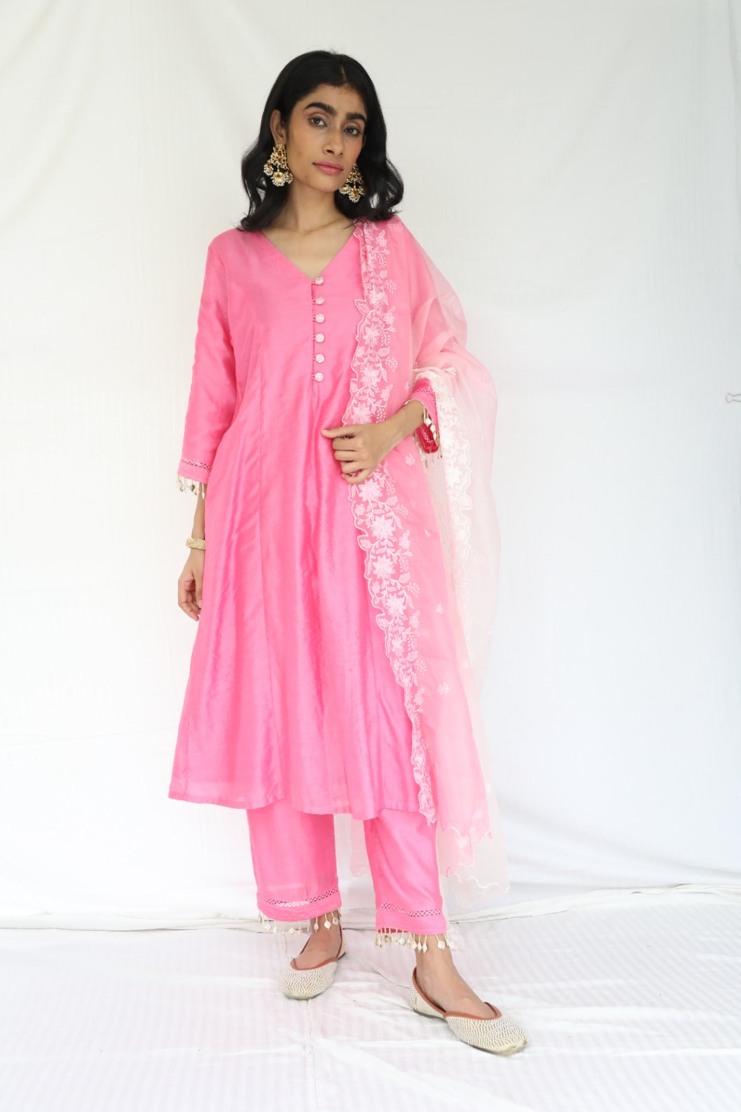 Pink chanderi kurta set with intricate lace and shell detailing with an ombré dyed organza dupatta