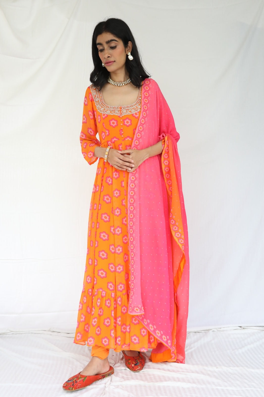 Orange pink printed anarkali set with a hand embroidered yoke and ombre dupatta