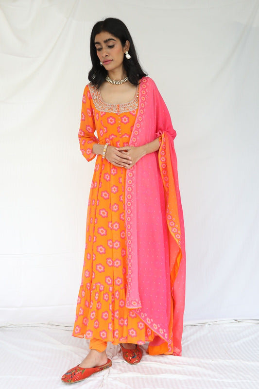 Orange pink printed anarkali set with a hand embroidered yoke and ombre dupatta