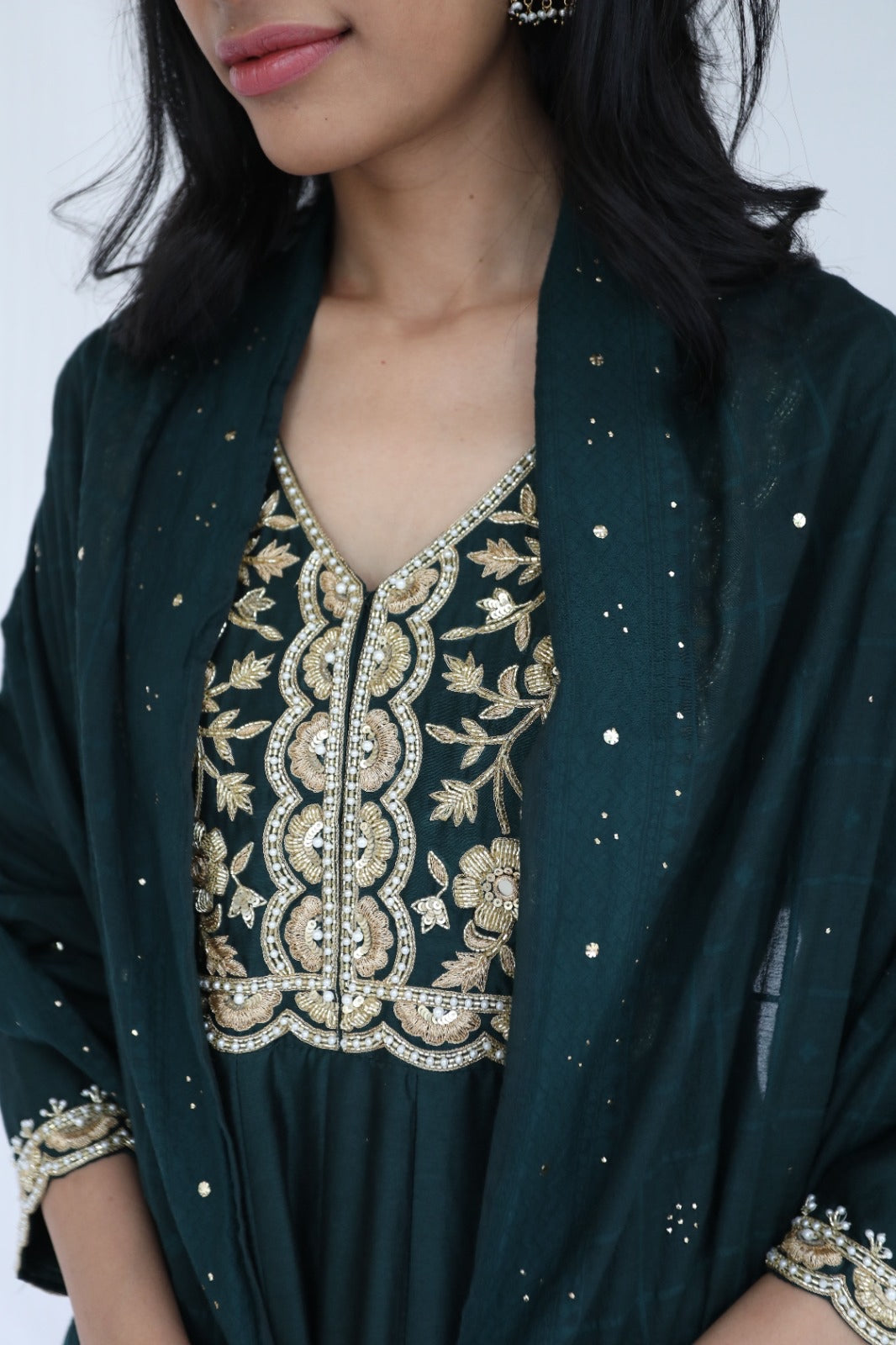 Bottle green hand embroidered chanderi anarkali with a mukaish dupatta