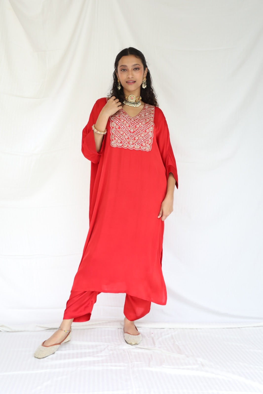 Red kaftan and pyjama set with an intricately hand embroidered yoke