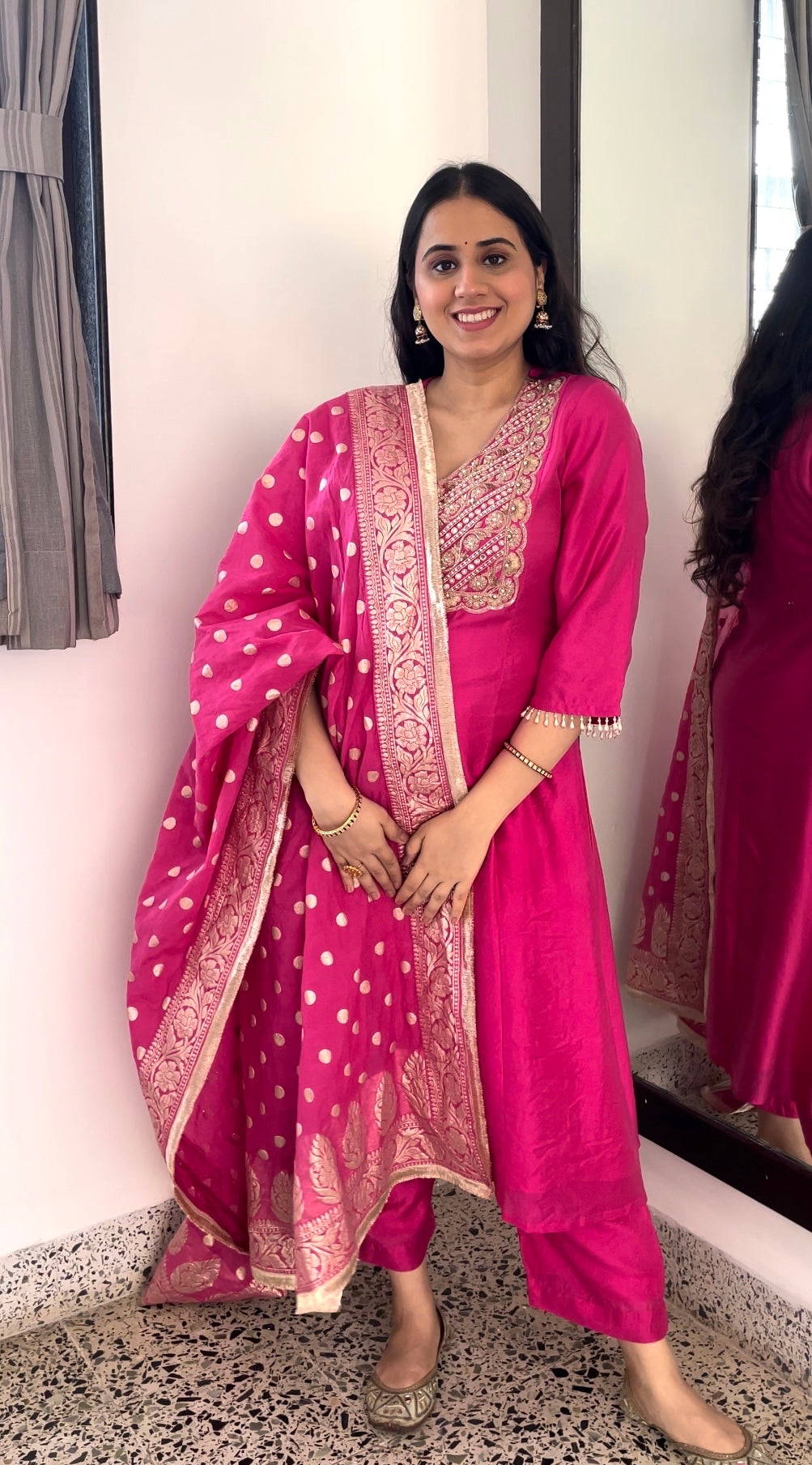 Rani pink chanderi kurta set with a hand embroidered yoke and handwoven dupatta