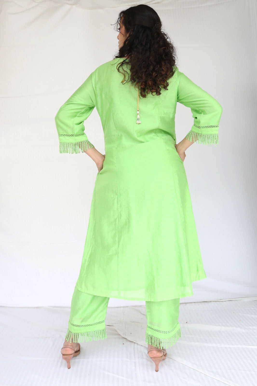 Mint green chanderi kurta set with intricate lace and shell detailing with an ombré dyed organza cutwork dupatta