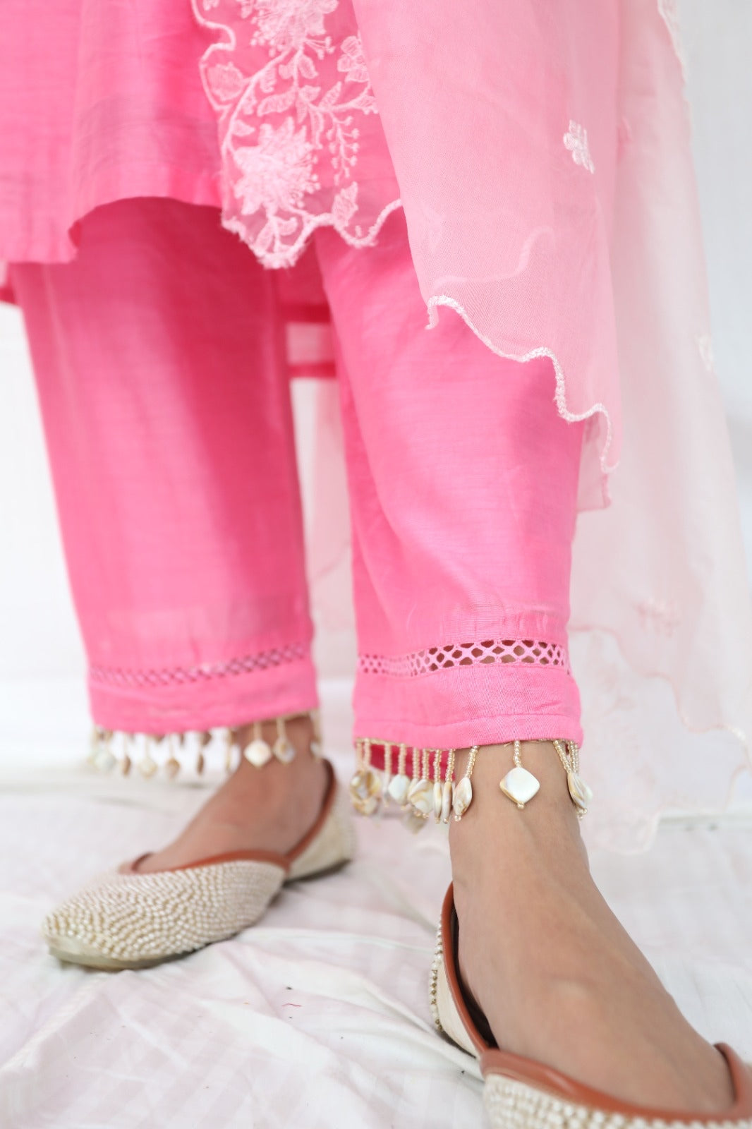 Pink chanderi kurta set with intricate lace and shell detailing with an ombré dyed organza dupatta