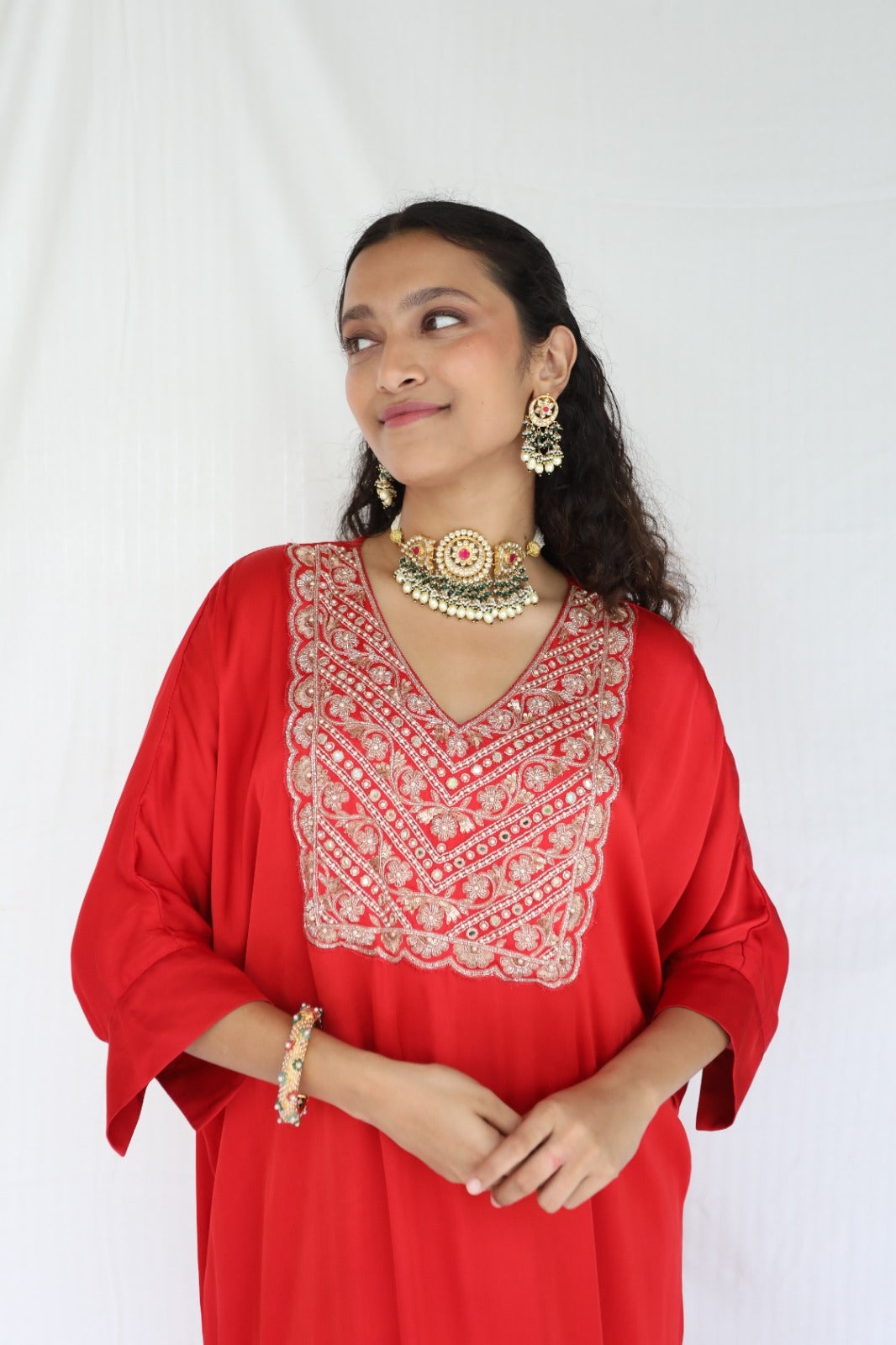 Red kaftan and pyjama set with an intricately hand embroidered yoke