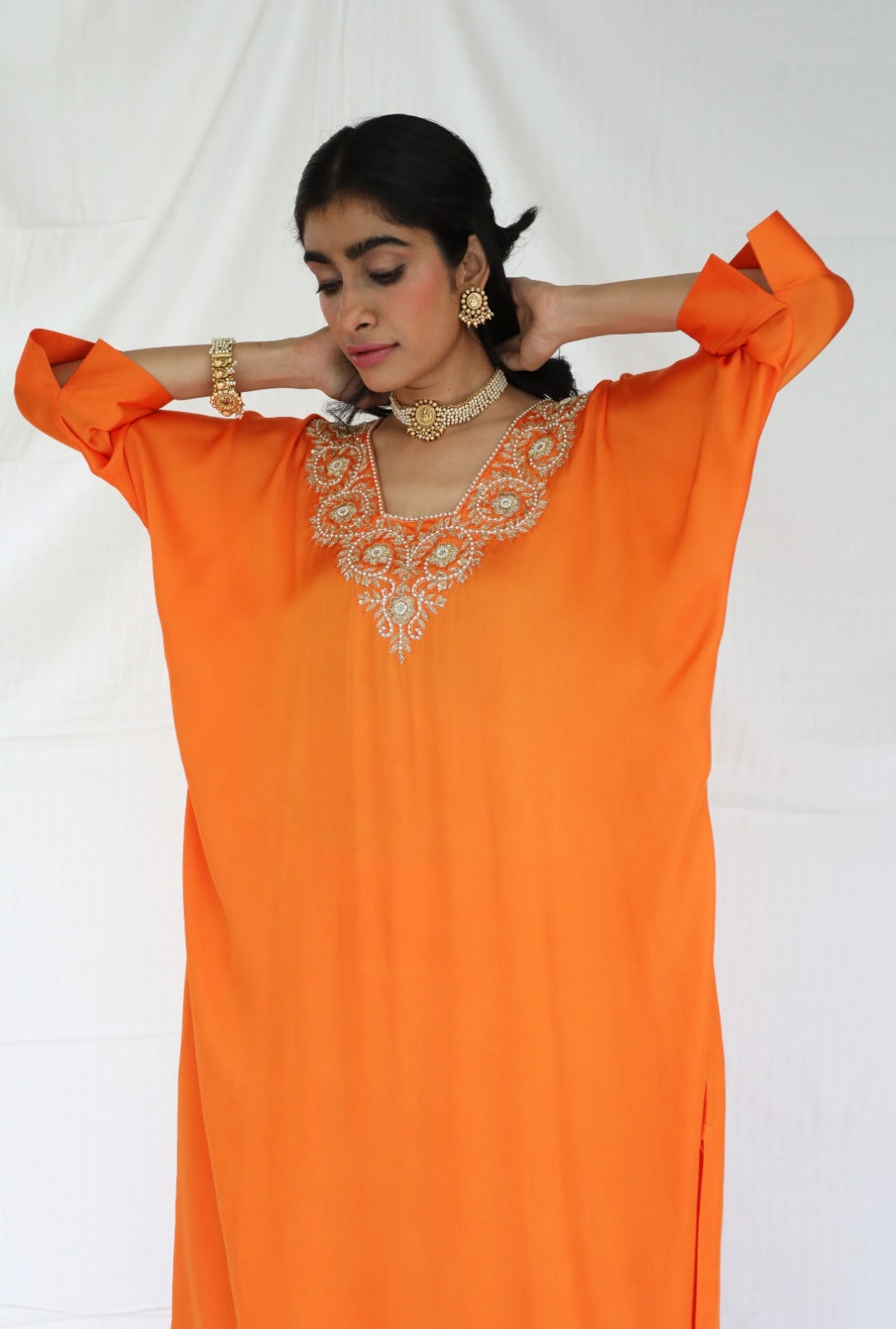 Orange kaftan 2 piece set with a hand embroidered yoke