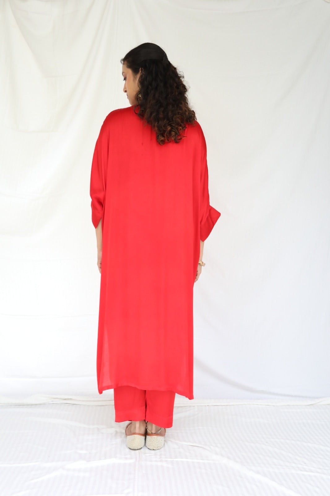 Red kaftan and pyjama set with an intricately hand embroidered yoke