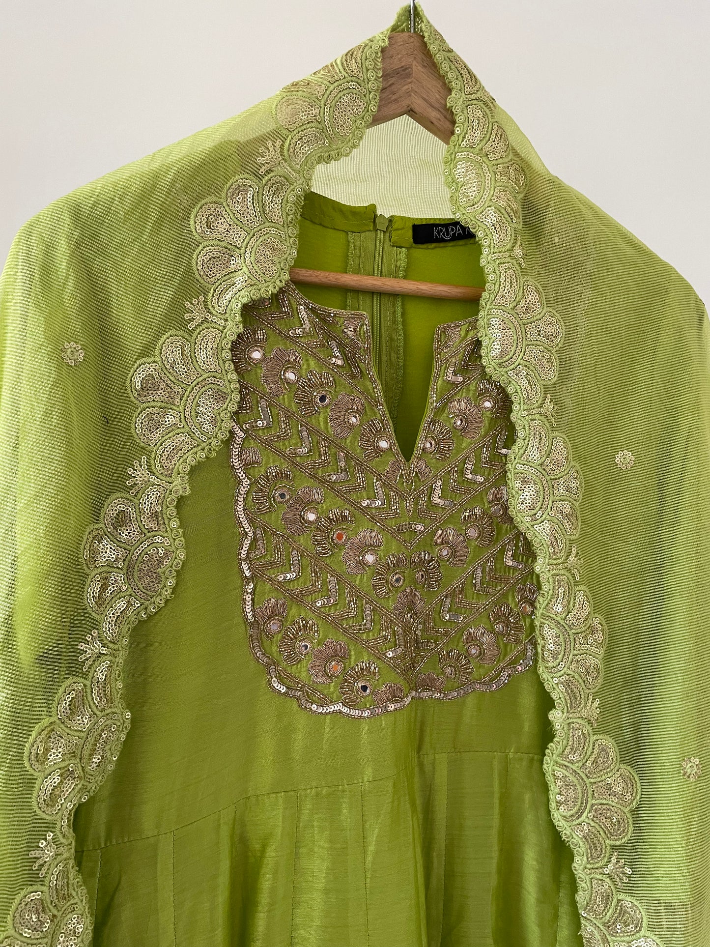 Dusty green chanderi anarkali with a hand embroidered yoke and embellished dupatta