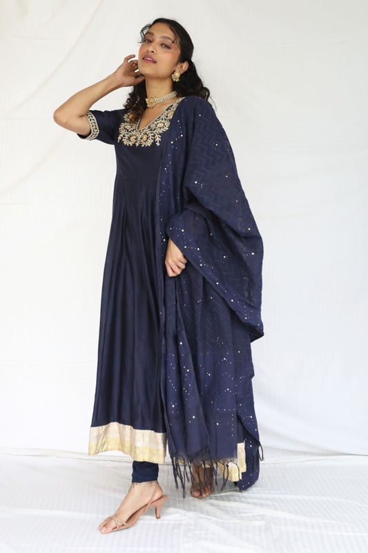 Navy blue hand embroidered chanderi anarkali with a mukaish dupatta