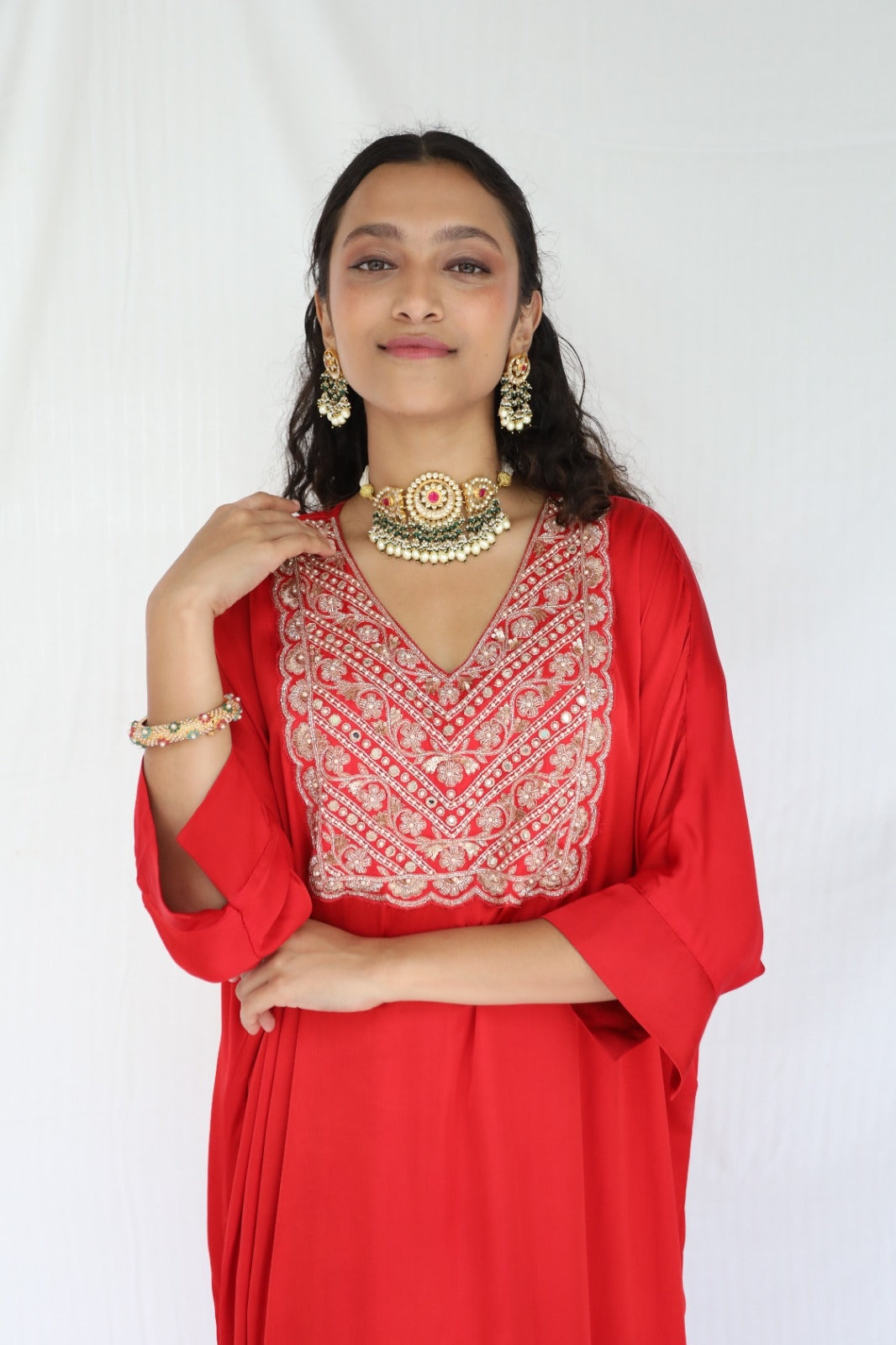 Red kaftan and pyjama set with an intricately hand embroidered yoke