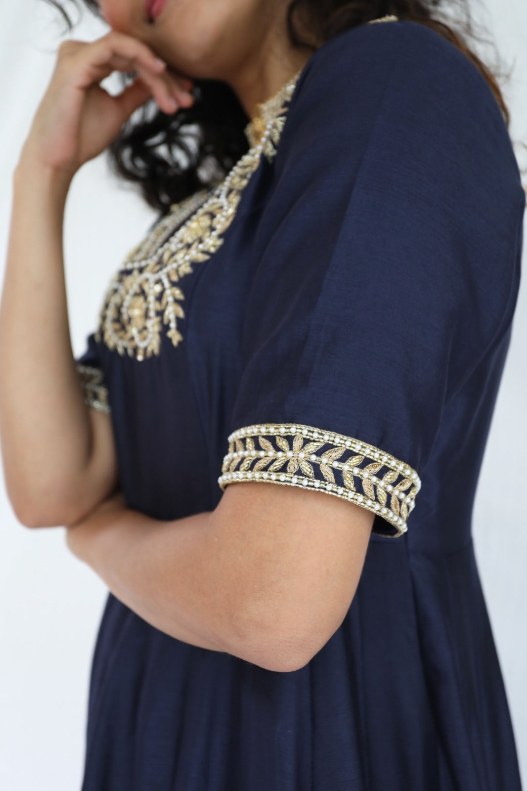 Navy blue hand embroidered chanderi anarkali with a mukaish dupatta