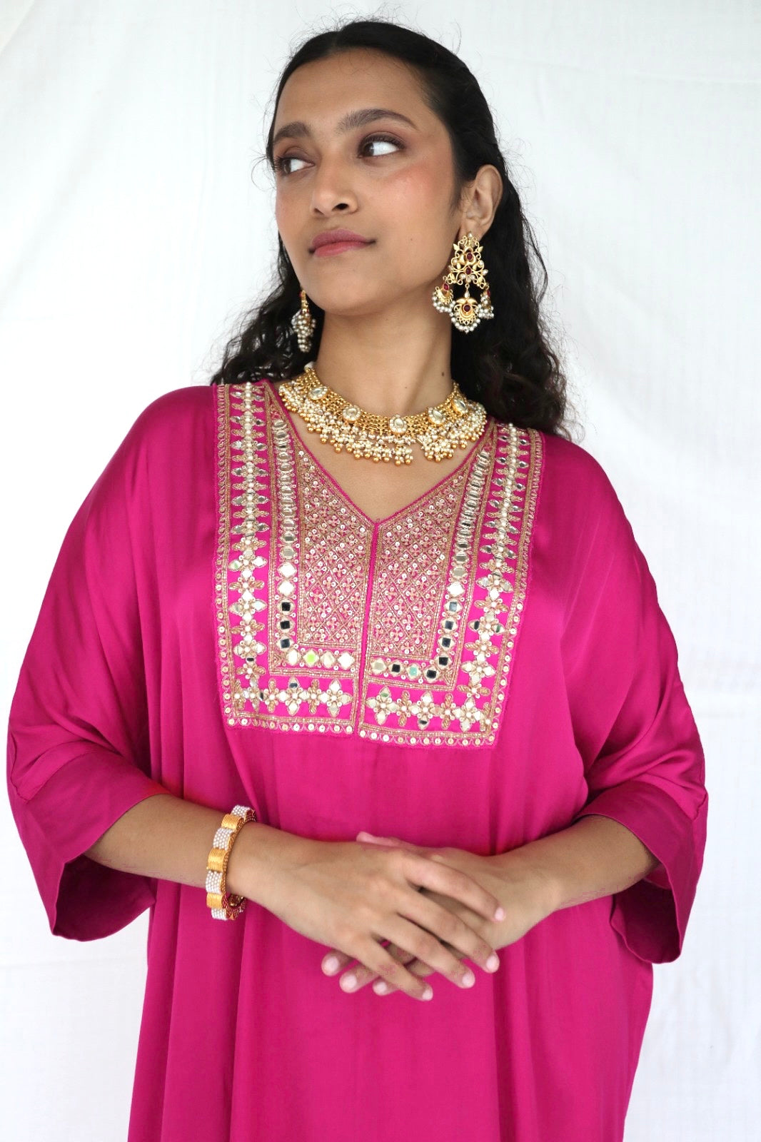 Rani pink kaftan set with a hand embroidered yoke