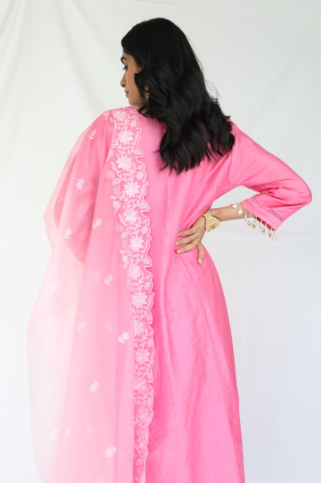 Pink chanderi kurta set with intricate lace and shell detailing with an ombré dyed organza dupatta