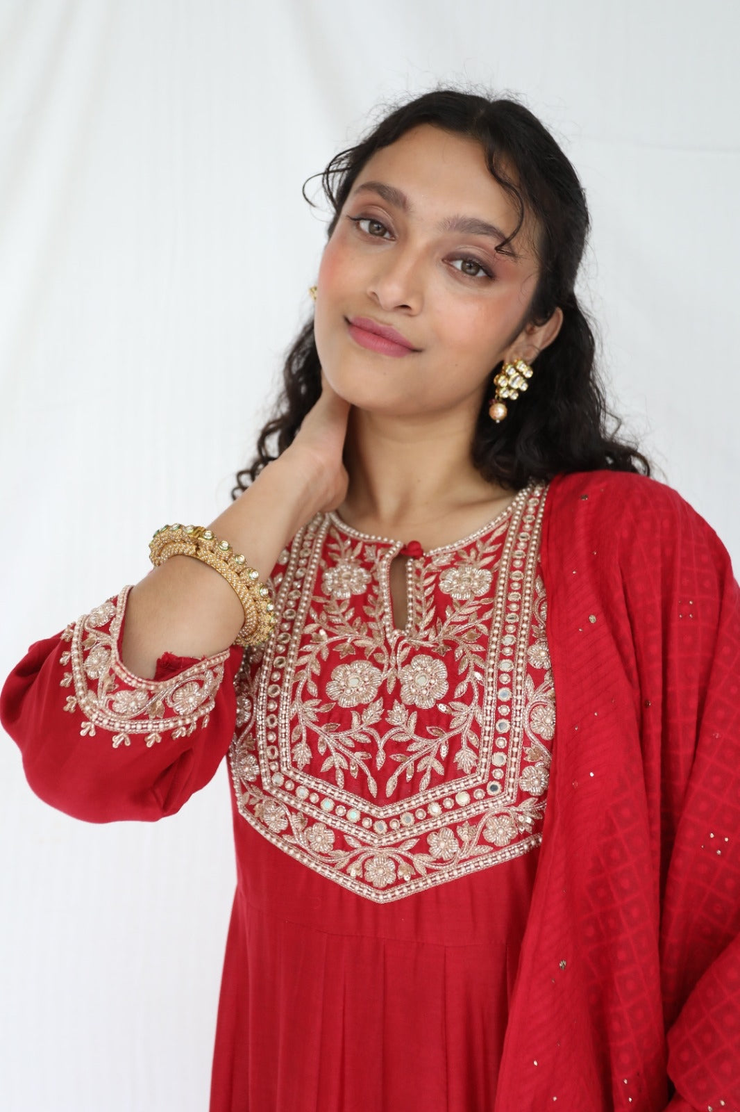 Deep red hand embroidered chanderi anarkali with a mukaish dupatta