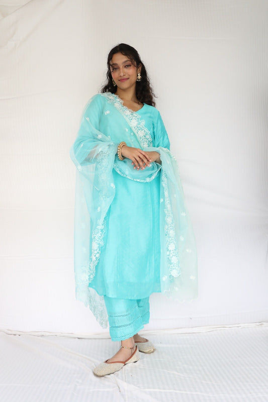 Ice blue chanderi kurta set with an ombré dyed cutwork dupatta