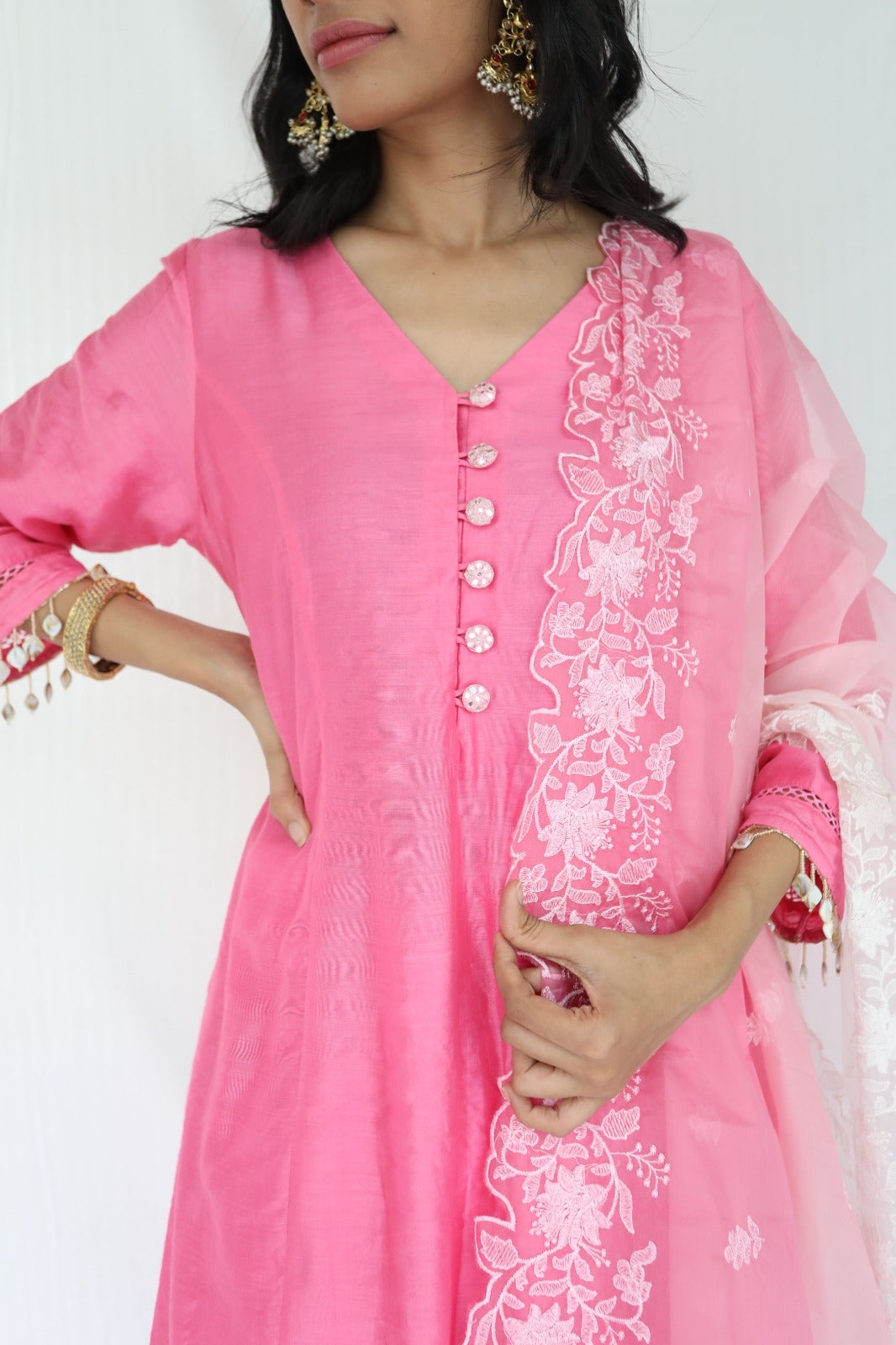 Pink chanderi kurta set with intricate lace and shell detailing with an ombré dyed organza dupatta