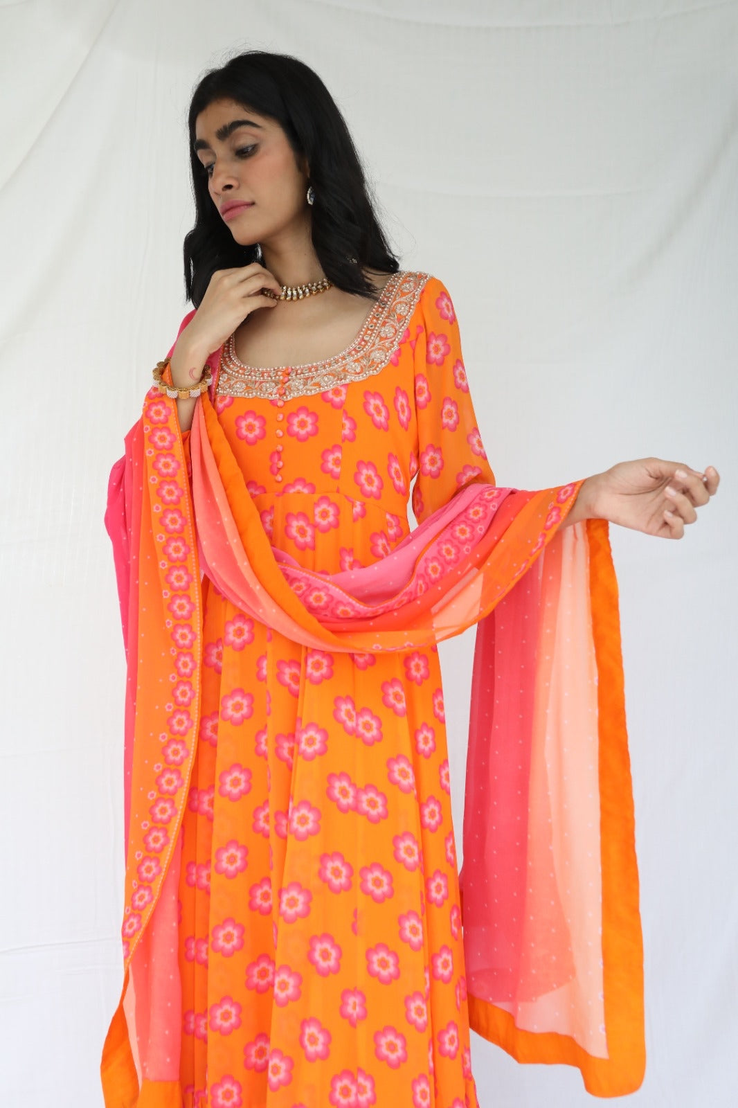 Orange pink printed anarkali set with a hand embroidered yoke and ombre dupatta