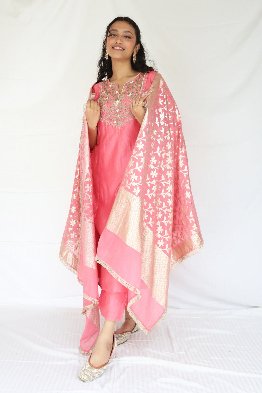 Peachy pink kurta set with a hand embroidered yoke and handwoven dupatta