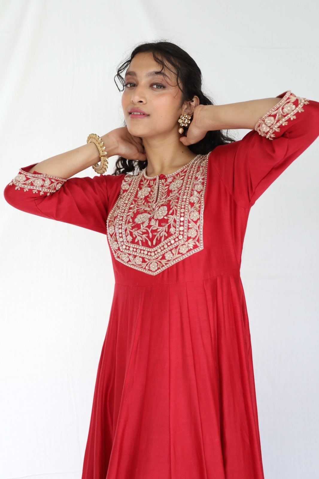 Deep red hand embroidered chanderi anarkali with a mukaish dupatta