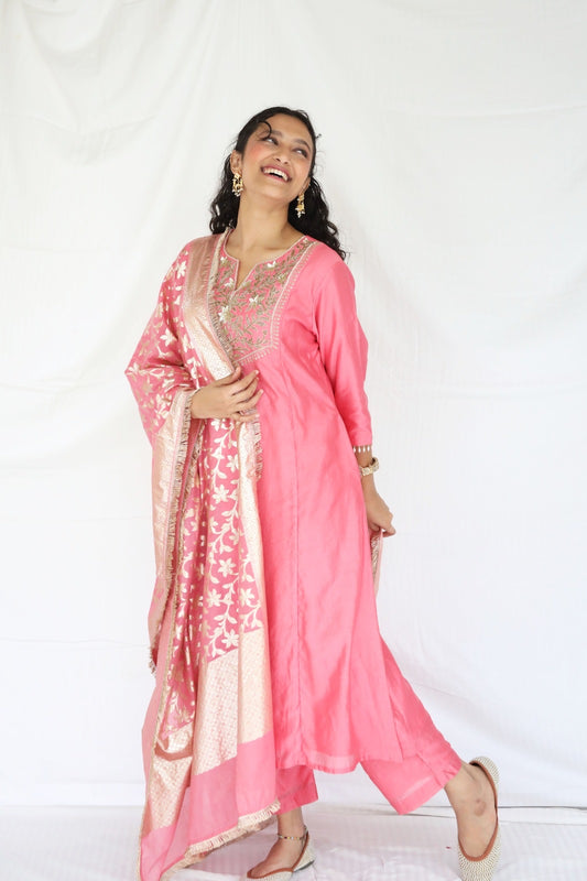 Peachy pink kurta set with a hand embroidered yoke and handwoven dupatta