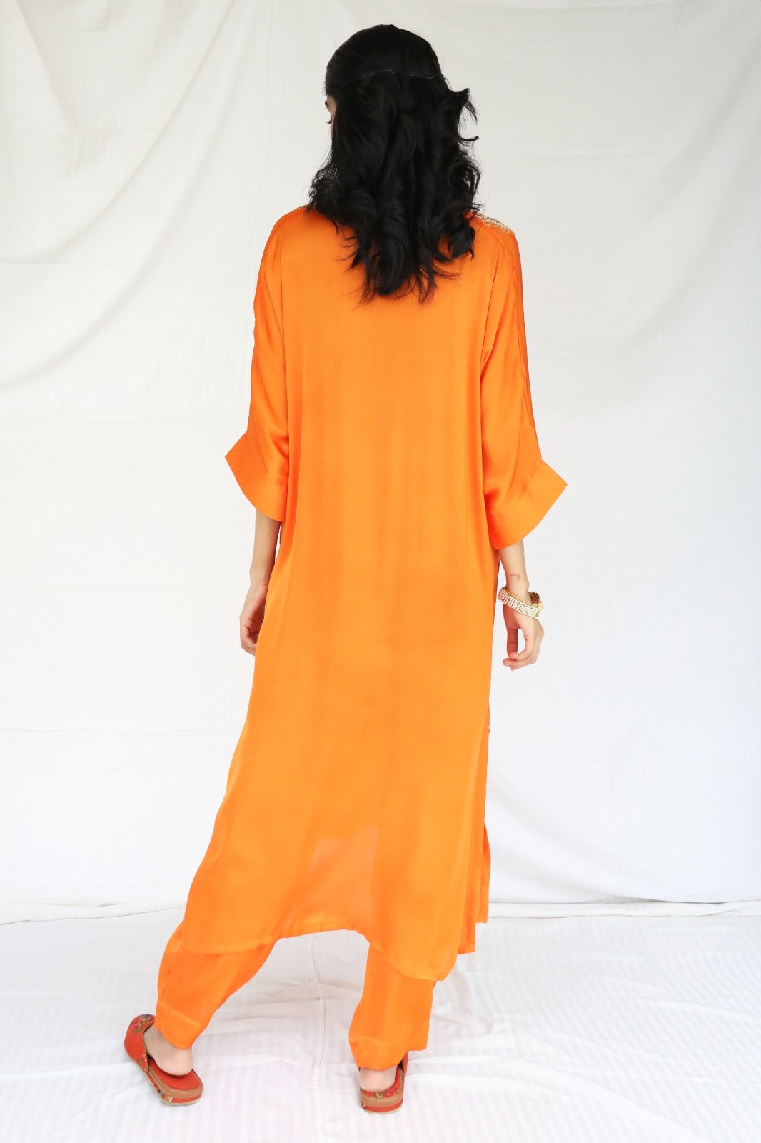 Orange kaftan 2 piece set with a hand embroidered yoke