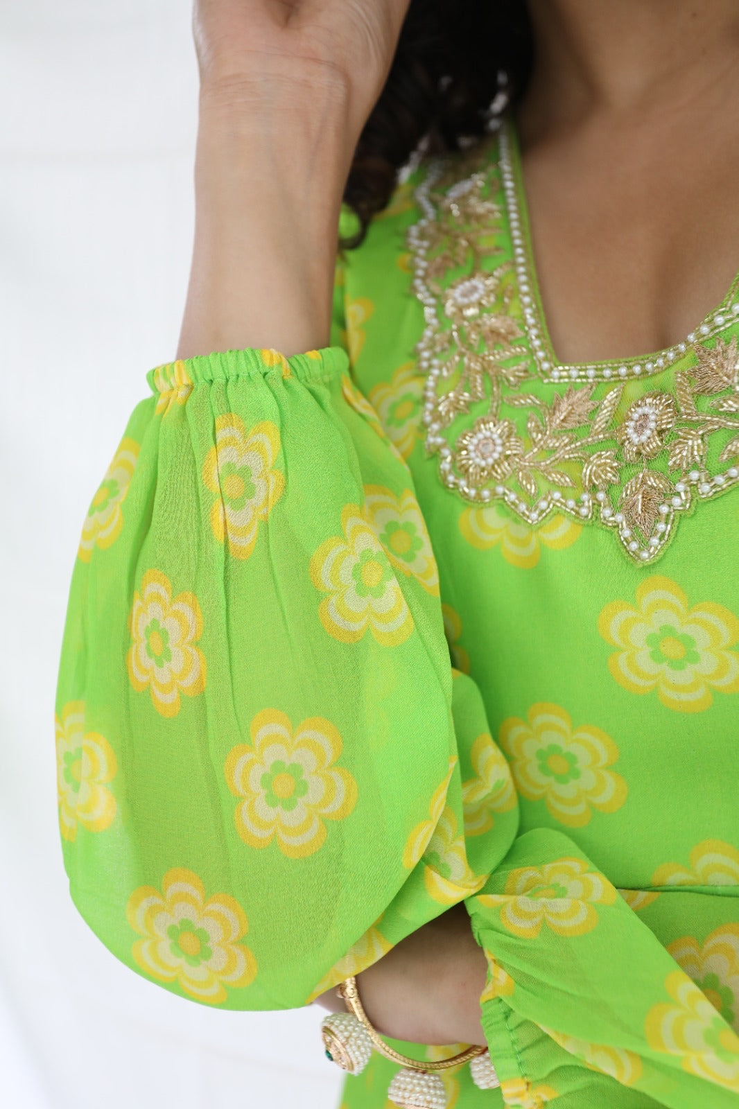 Lime green anarkali set with a hand embroidered yoke and dupatta