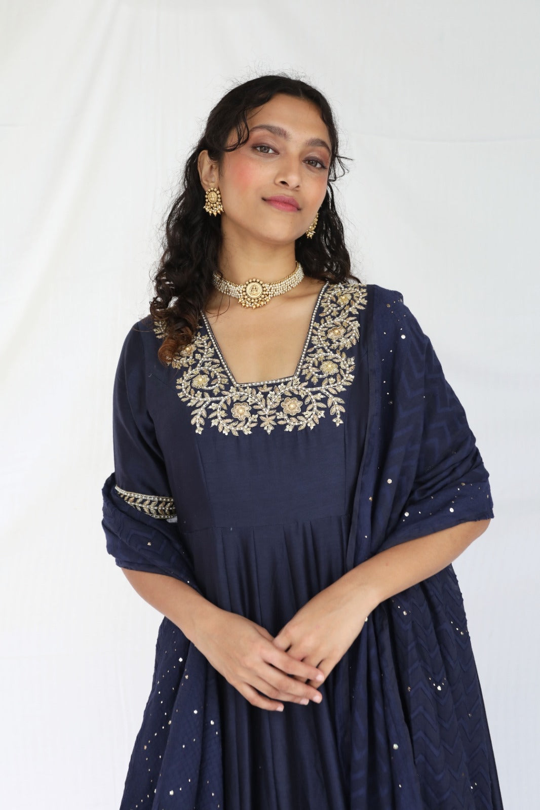 Navy blue hand embroidered chanderi anarkali with a mukaish dupatta