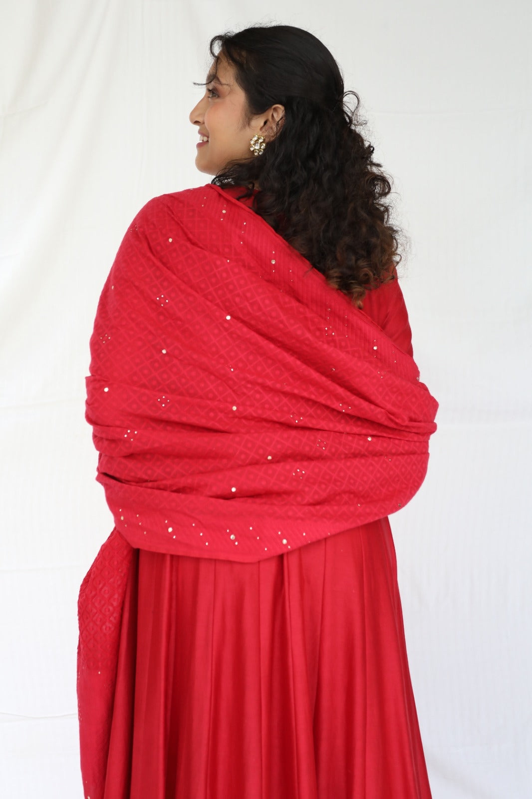 Deep red hand embroidered chanderi anarkali with a mukaish dupatta