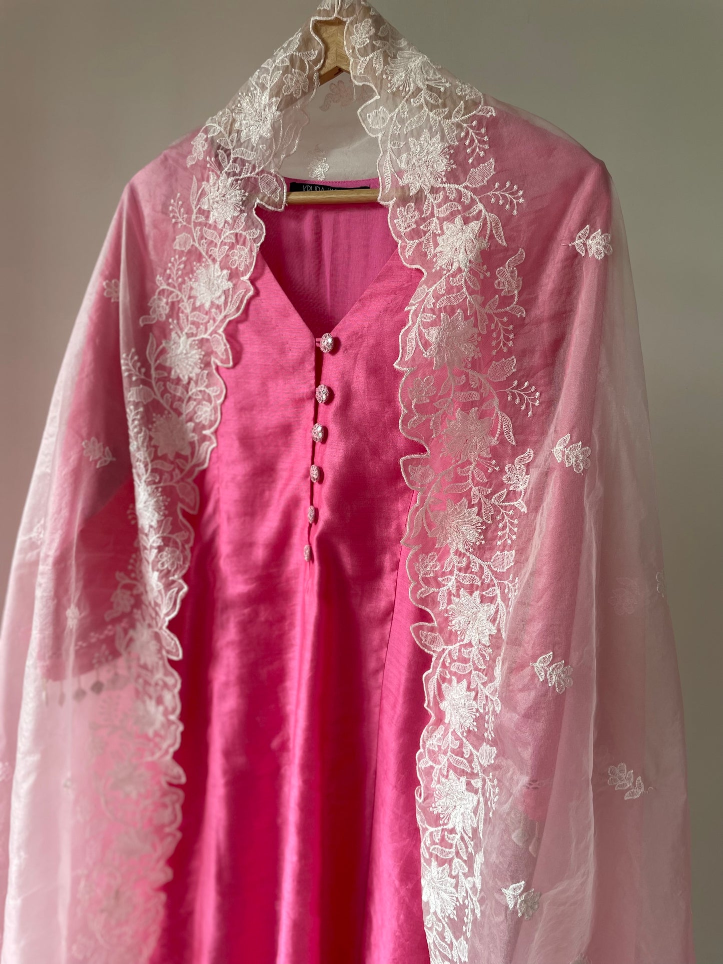 Pink chanderi kurta set with intricate lace and shell detailing with an ombré dyed organza dupatta