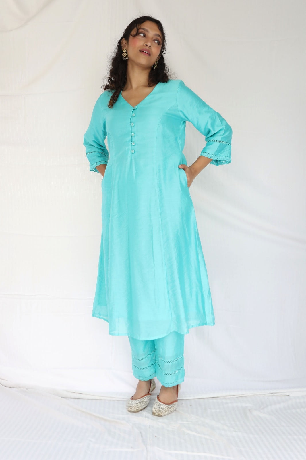 Ice blue chanderi kurta set with an ombré dyed cutwork dupatta