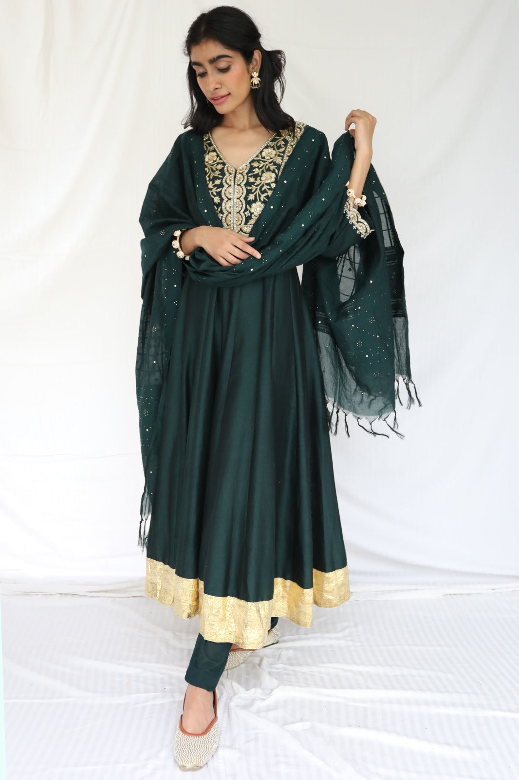 Bottle green hand embroidered chanderi anarkali with a mukaish dupatta