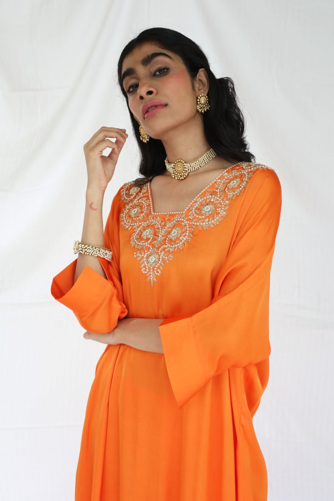 Orange kaftan 2 piece set with a hand embroidered yoke