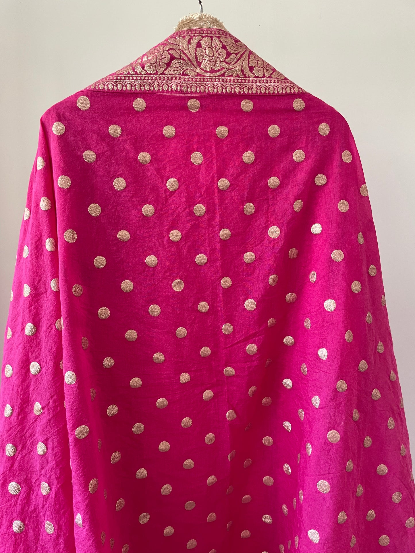 Rani pink chanderi kurta set with a hand embroidered yoke and handwoven dupatta