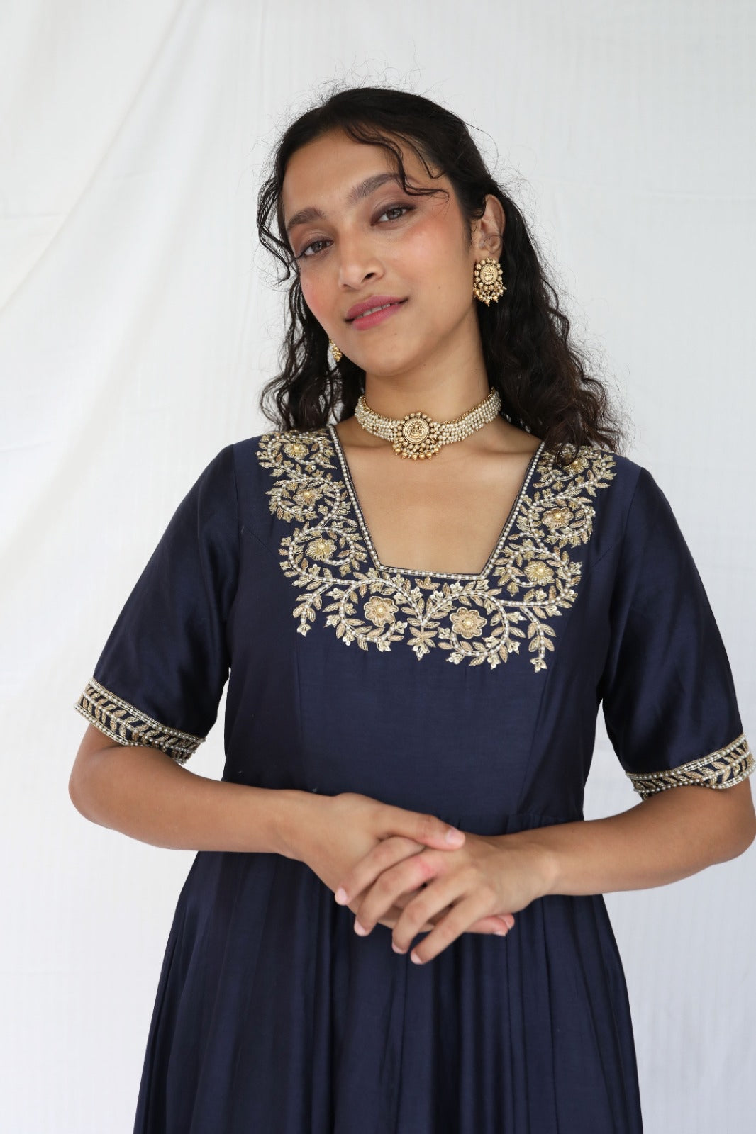 Navy blue hand embroidered chanderi anarkali with a mukaish dupatta