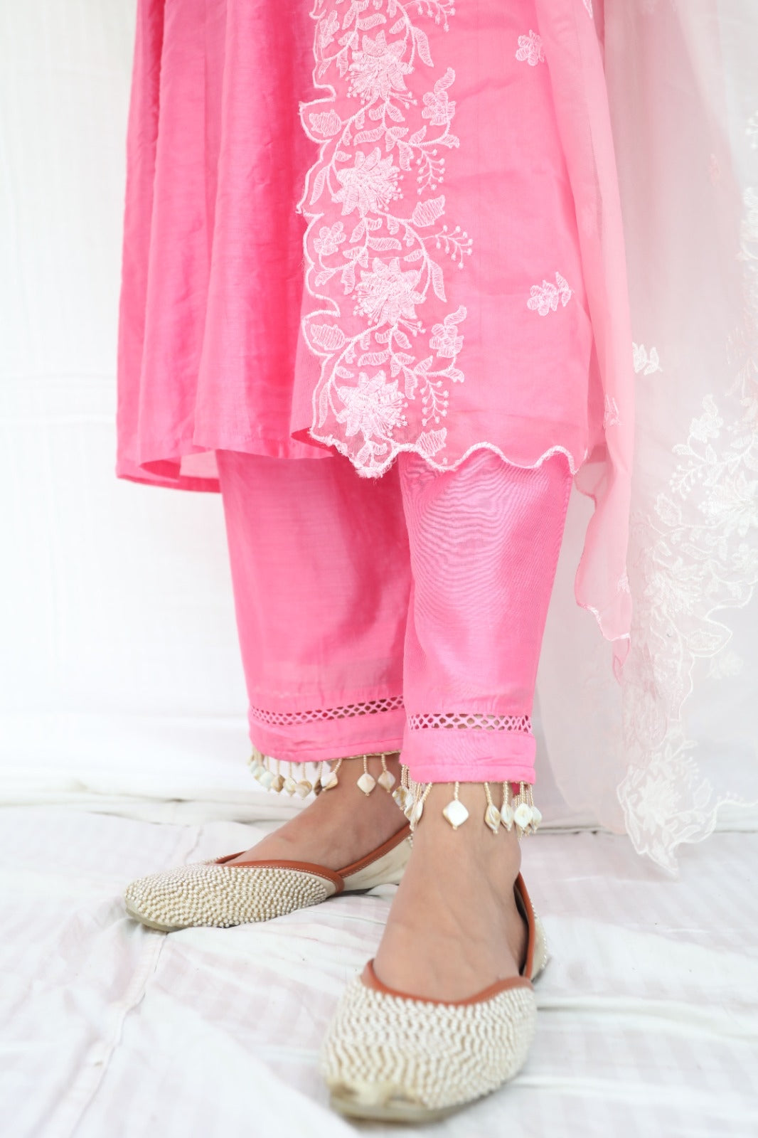 Pink chanderi kurta set with intricate lace and shell detailing with an ombré dyed organza dupatta