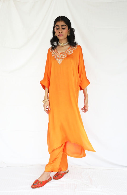 Orange kaftan 2 piece set with a hand embroidered yoke