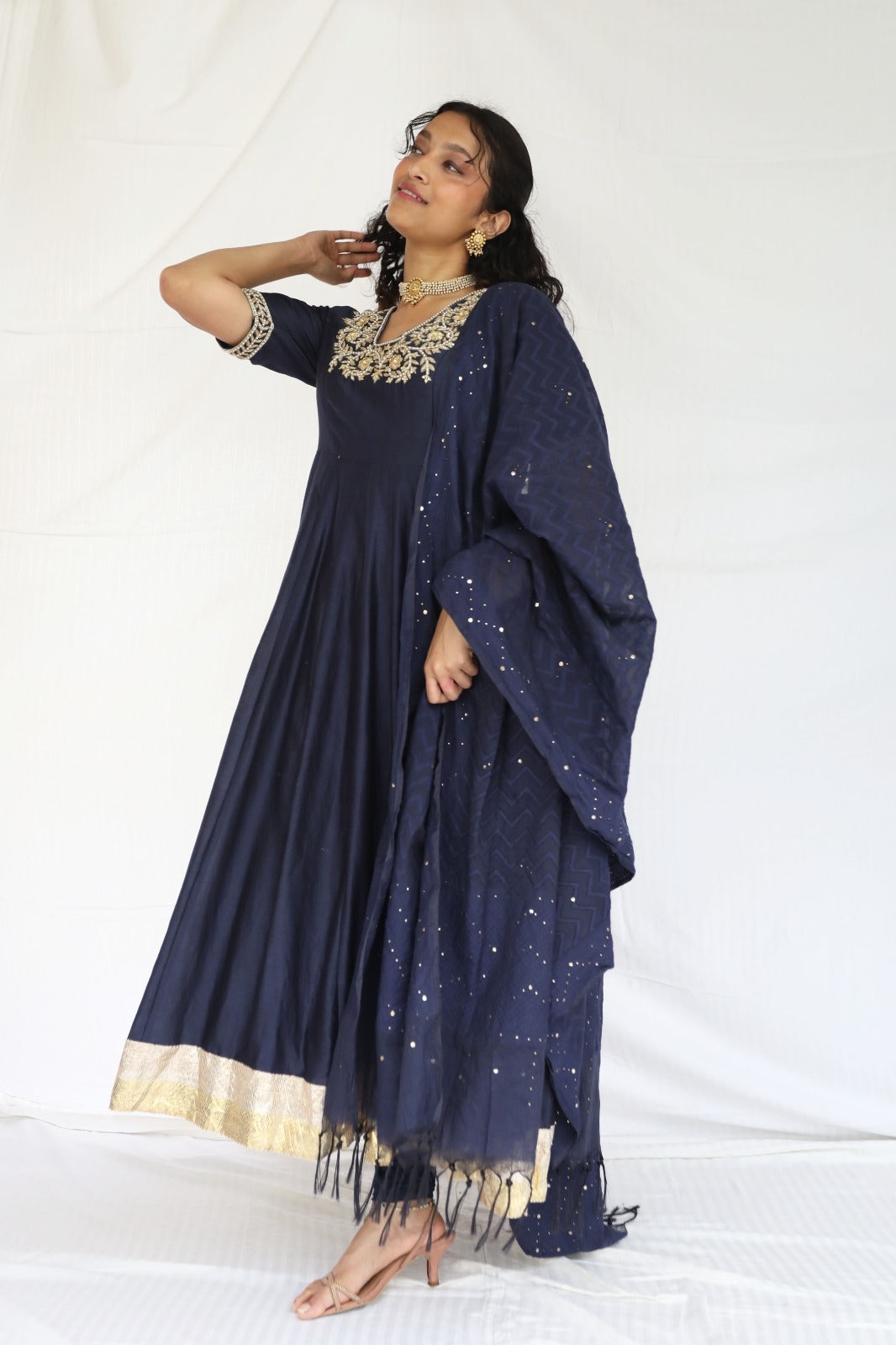 Navy blue hand embroidered chanderi anarkali with a mukaish dupatta