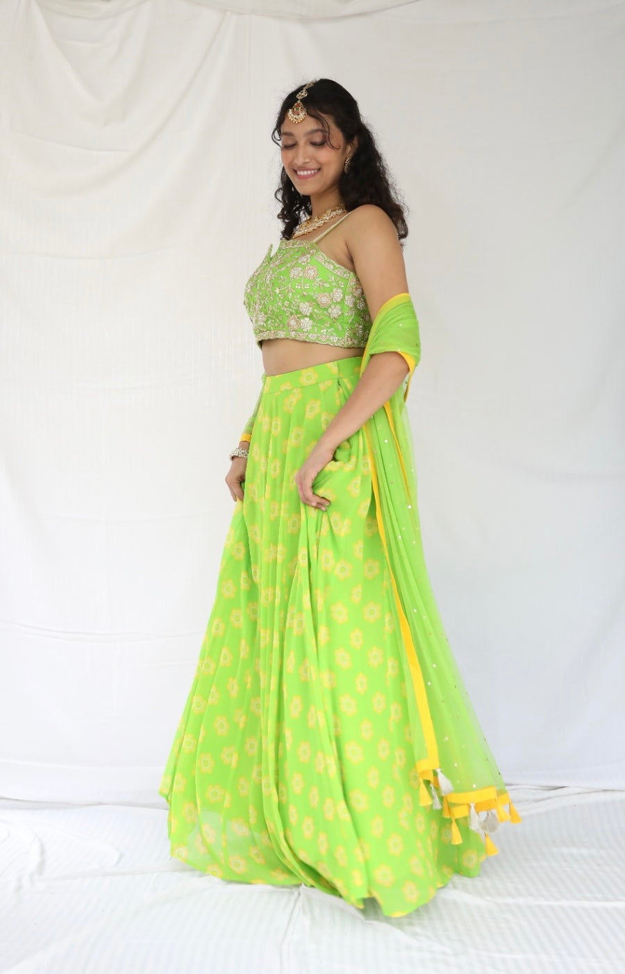 Lime green lehenga set with a hand embroidered blouse and dupatta