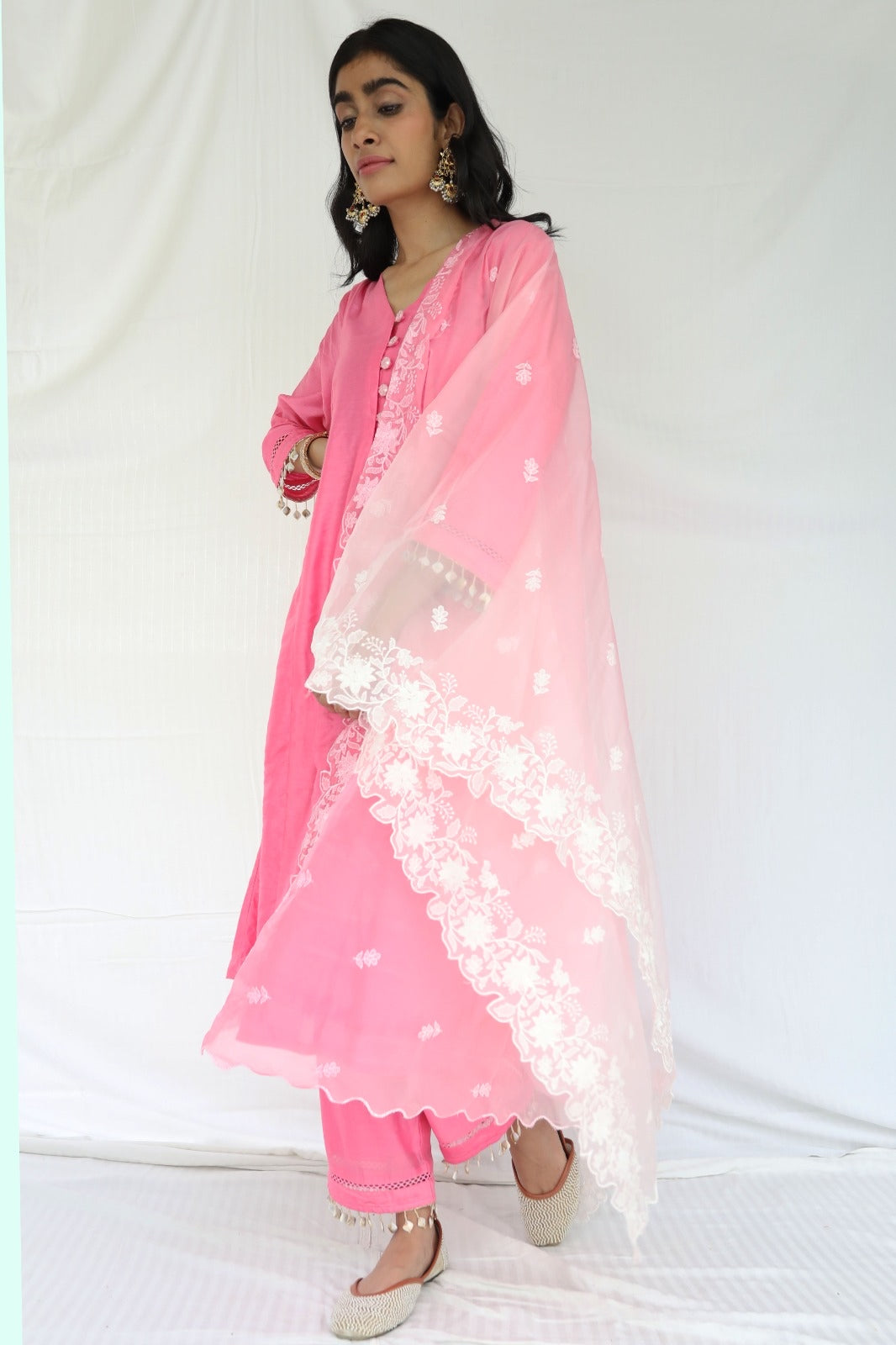 Pink chanderi kurta set with intricate lace and shell detailing with an ombré dyed organza dupatta