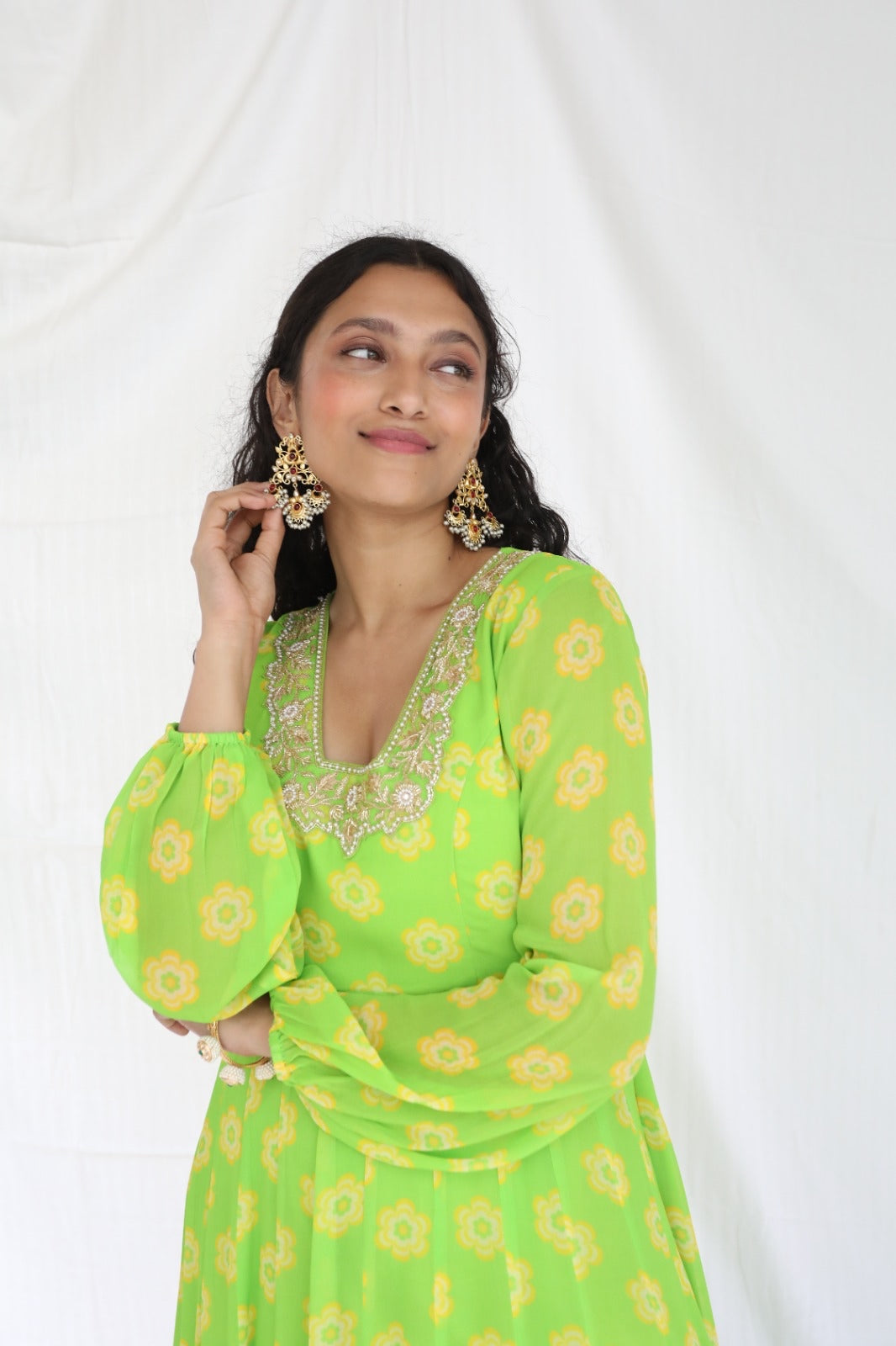 Lime green anarkali set with a hand embroidered yoke and dupatta