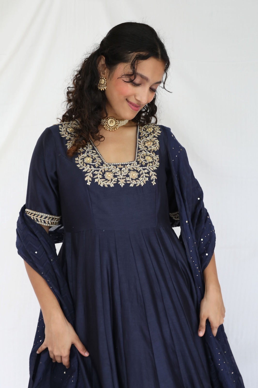 Navy blue hand embroidered chanderi anarkali with a mukaish dupatta