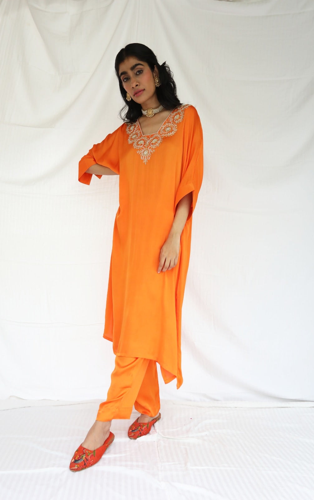 Orange kaftan 2 piece set with a hand embroidered yoke