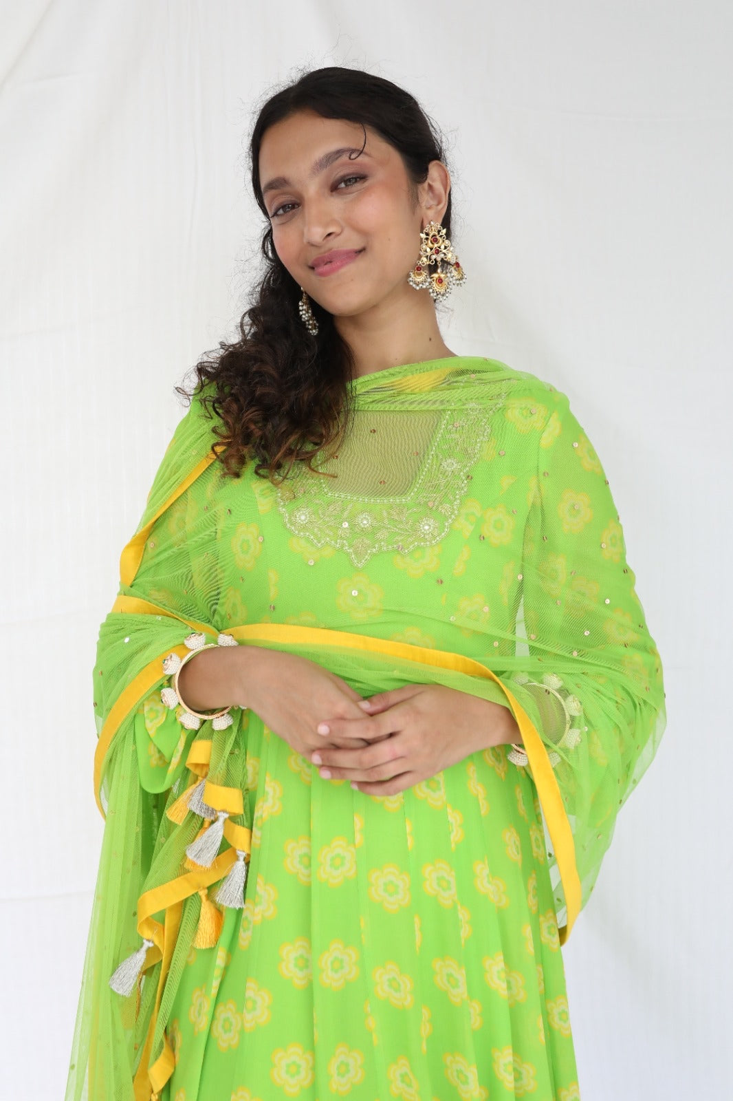 Lime green anarkali set with a hand embroidered yoke and dupatta