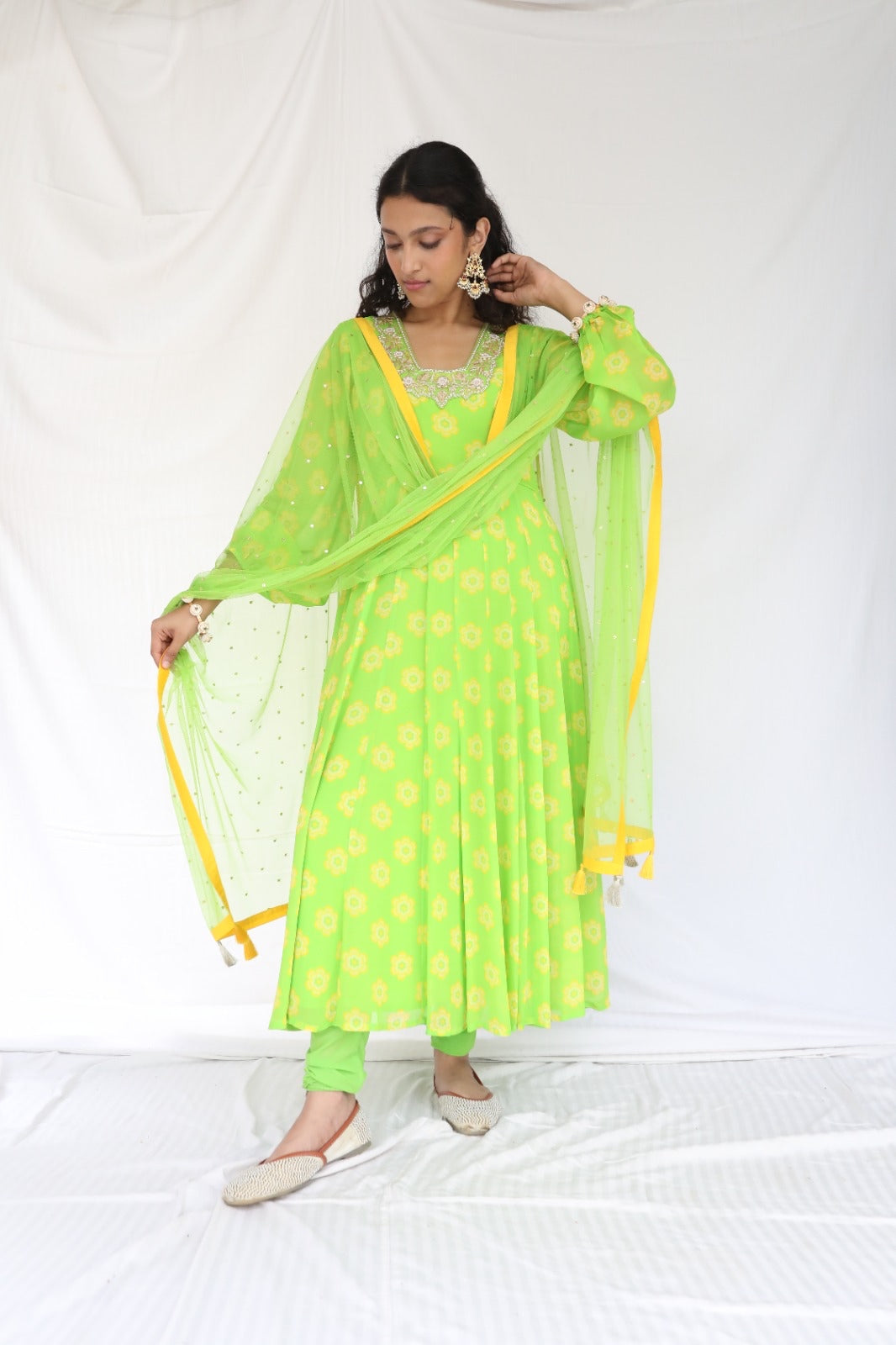 Lime green anarkali set with a hand embroidered yoke and dupatta