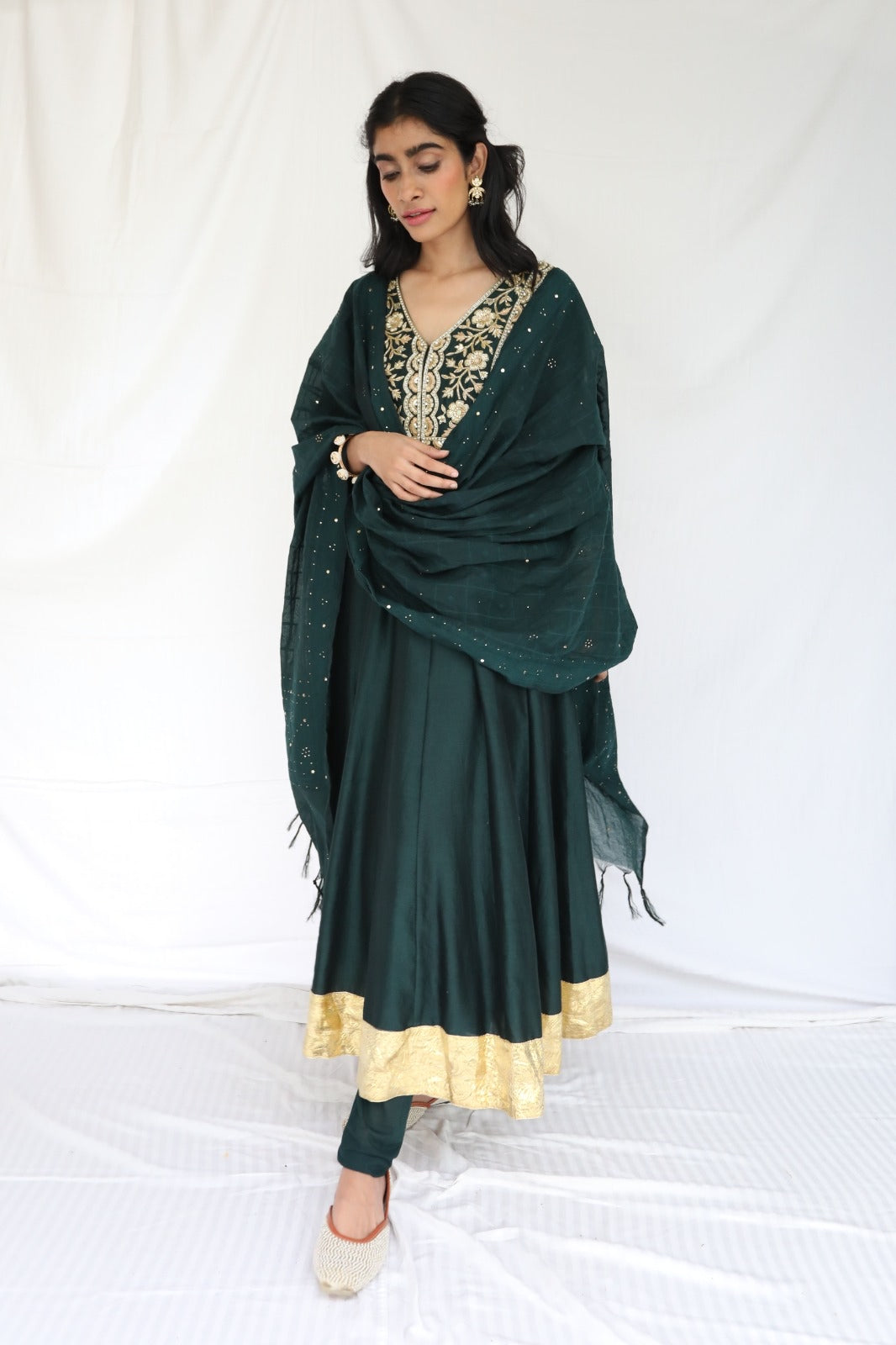 Bottle green hand embroidered chanderi anarkali with a mukaish dupatta