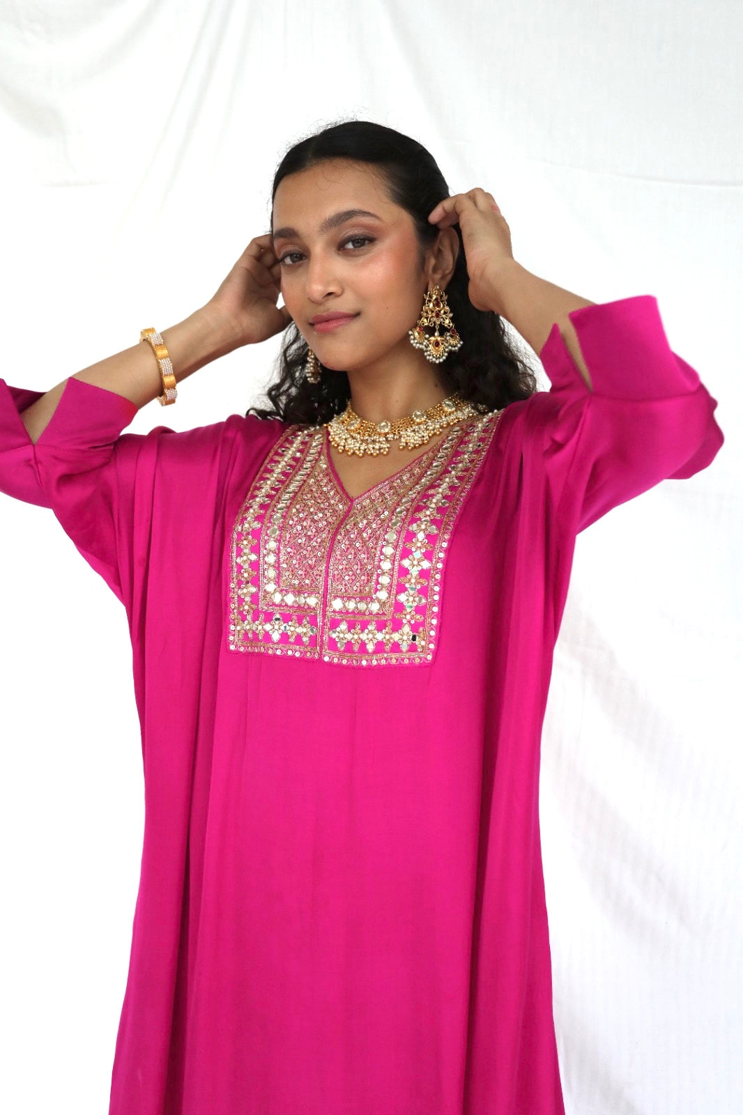 Rani pink kaftan set with a hand embroidered yoke